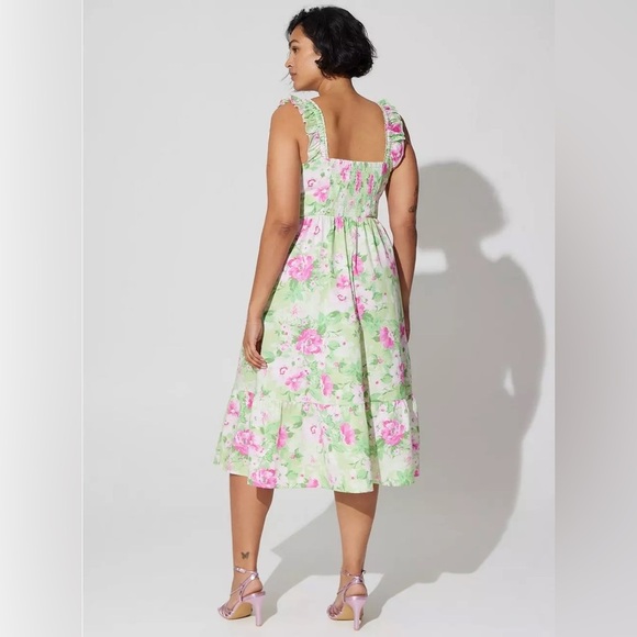 Torrid Womens 2 2X Green Pink Floral Poplin Cotton Ruffled Midi Dress - Picture 9 of 9